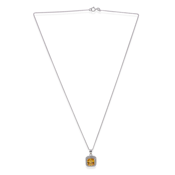 Close Out Deal AAA Simulated Citrine (Sqr), Simulated White Diamond Pendant with Chain (Size 18) in 