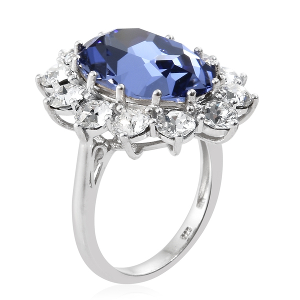 J Francis  - Tanzanite Colour Crystal (Ovl 18x13 mm), White Colour Crystal (Rnd 4 mm) Ring in Platinum Overlay Sterling Silver