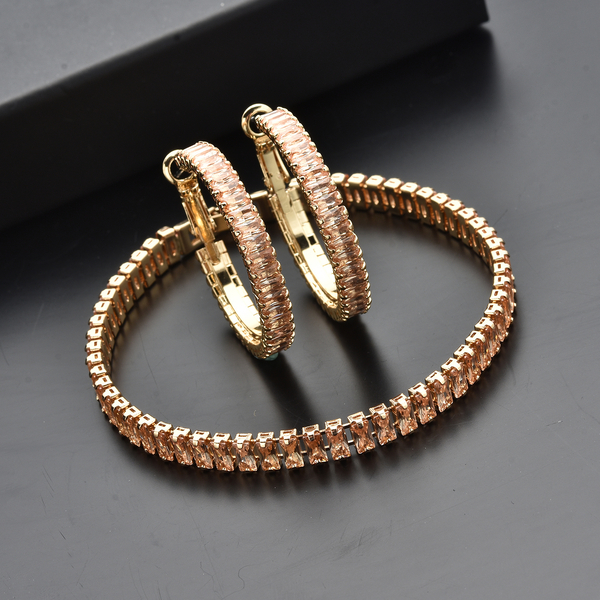 2 Piece Set - Simulated Champagne Diamond Bracelet (Size 7.5) and Hoop Earrings in Yellow Gold Tone