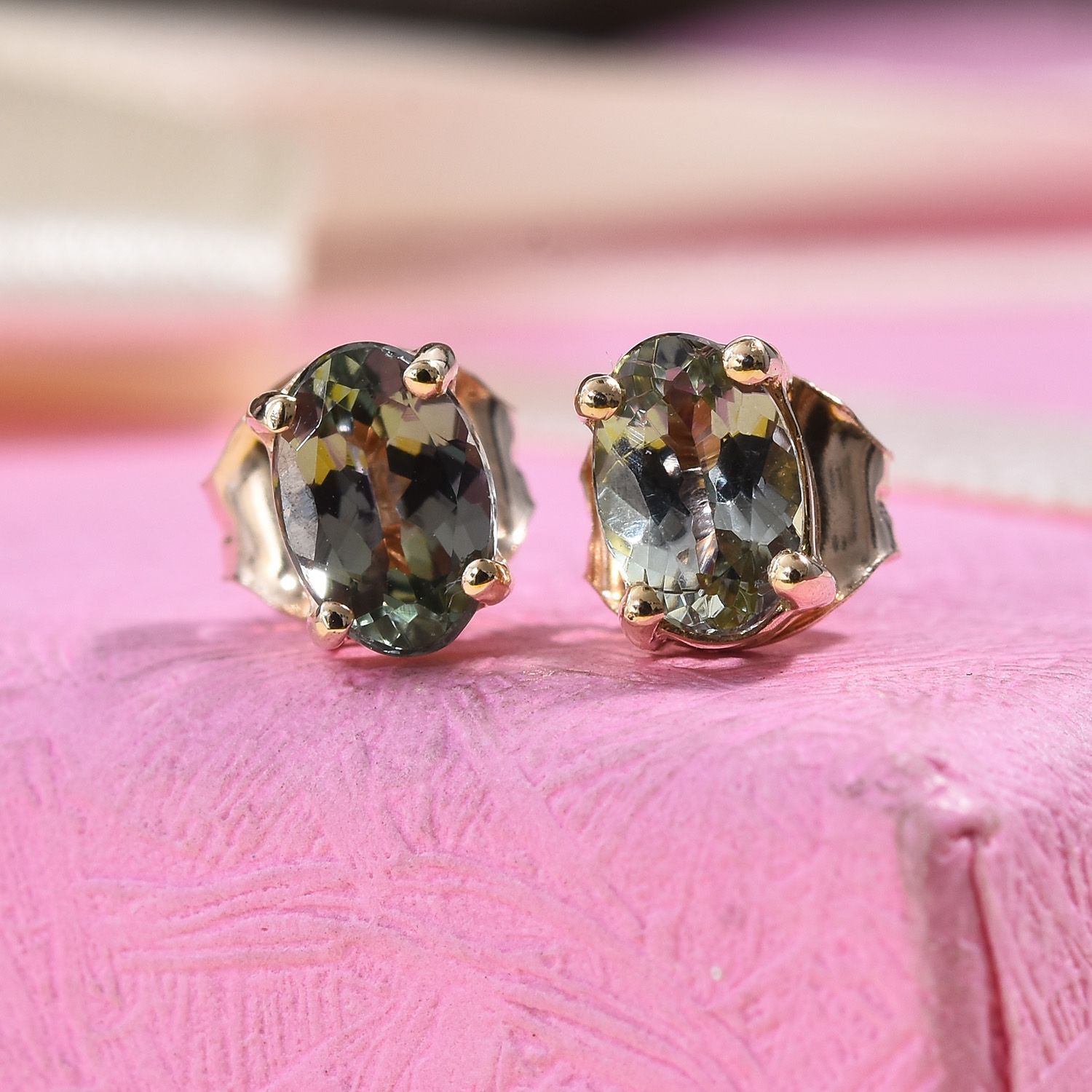 9K Yellow Gold 1 Carat AA Green Tanzanite (Ovl) Stud Earrings (with Push Back)