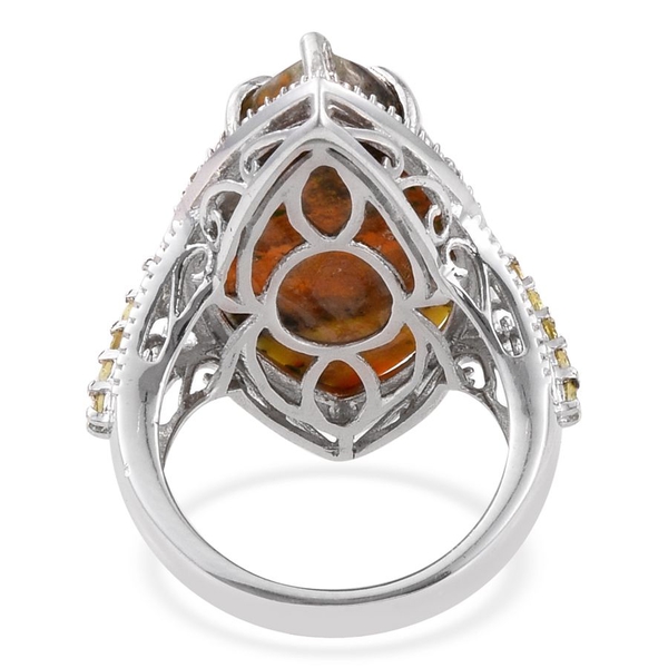 Bumble Bee Jasper (Mrq 18.00 Ct), Yellow Sapphire and White Diamond Ring in Platinum Overlay Sterling Silver 18.280 Ct.