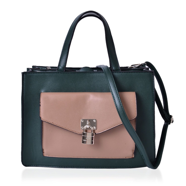 Green and Camel Colour Tote Bag With Adjustable and Removable Shoulder Strap (Size 34.5x24x12.5 Cm)