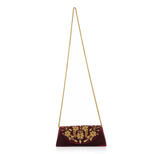 Peacock Sequence Hand Embroidered Velvet Clutch with Shoulder Strap (Size 25.4x12.7 Cm) - Maroon