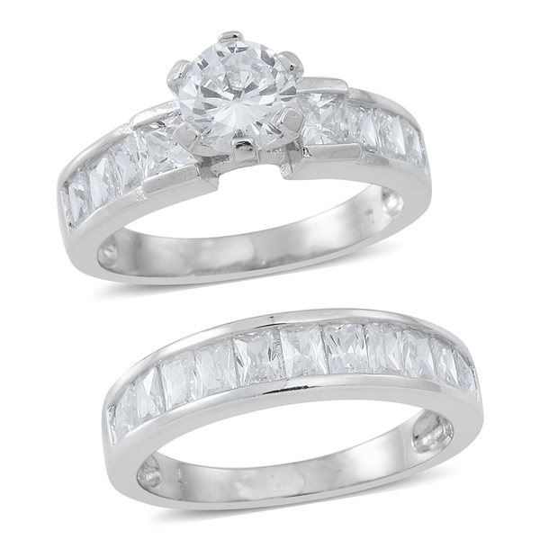 Set of 2 - ELANZA AAA Simulated Diamond (Rnd) Ring in Rhodium Plated Sterling Silver