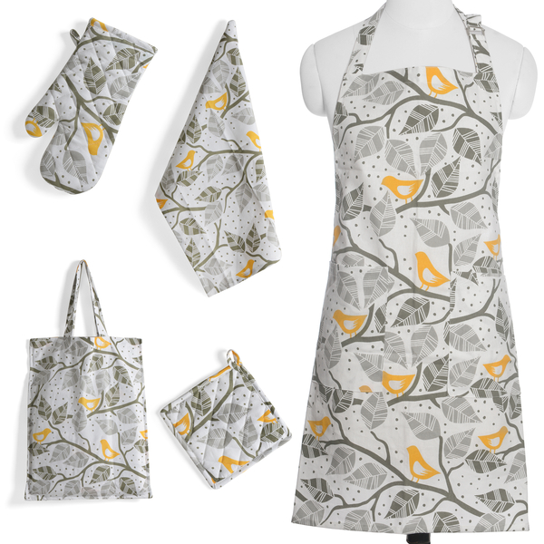 Kitchen Textiles White, Orange, Green and Yellow Colour Birds and Leaves Printed Apron (75x65 Cm), G