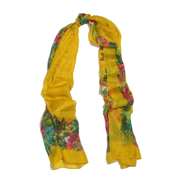 100% Mulberry Silk Yellow, Pink and Multi Colour Handscreen Floral and Leaves Printed Scarf (Size 200X180 Cm)
