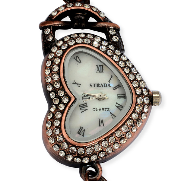 STRADA Japanese Movement Roman Number Dial White Austrian Crystal Water Resistant Watch in Rose Gold Tone Strap with Charms and Stainless Steel Back