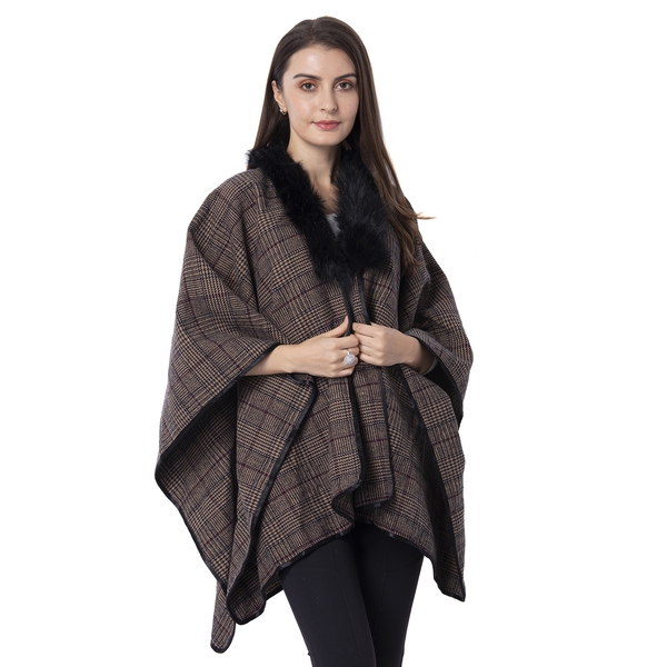 Black Brown and Red Colour Plaid Cape with Faux Fur Collar (Size 120x140 Cm)