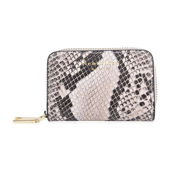 SENCILLEZ Genuine Leather RFID Protected Snake Print Card Holder with Zipper Closure (Size 11x7x2.5 Cm) - Beige