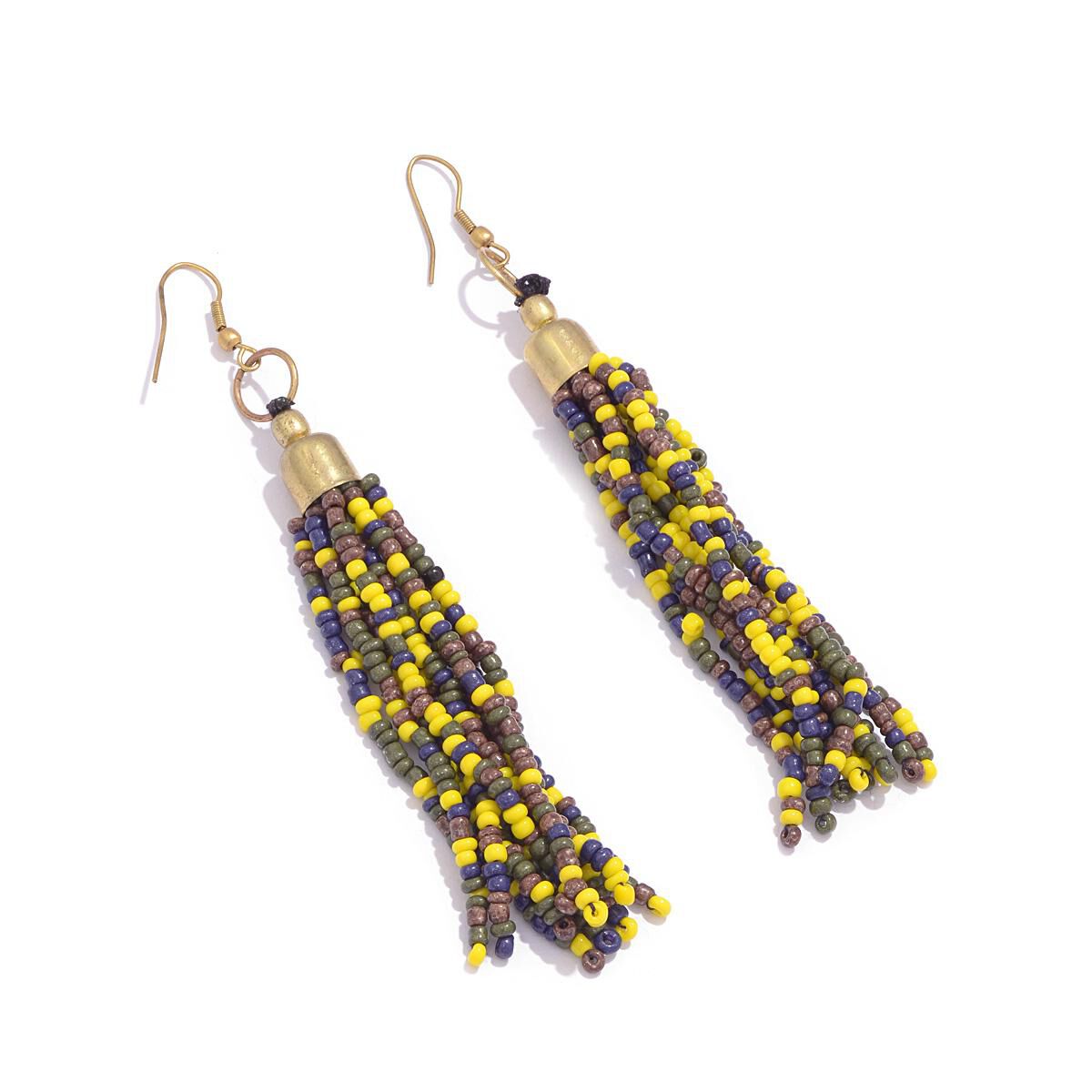 Jewels of India Multi Colour Seed Beads Necklace and Hook Earrings in Gold Tone