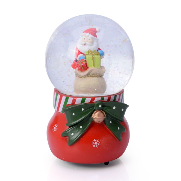 Home Decor - Santa with Gifts Glitter Musical Globe with Red Poinsettia and White Snowflake Base