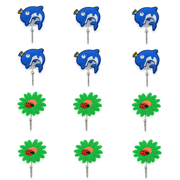 Set of 12 - Green Sunflower and Dolphin Sucker Hooks in Silver Tone