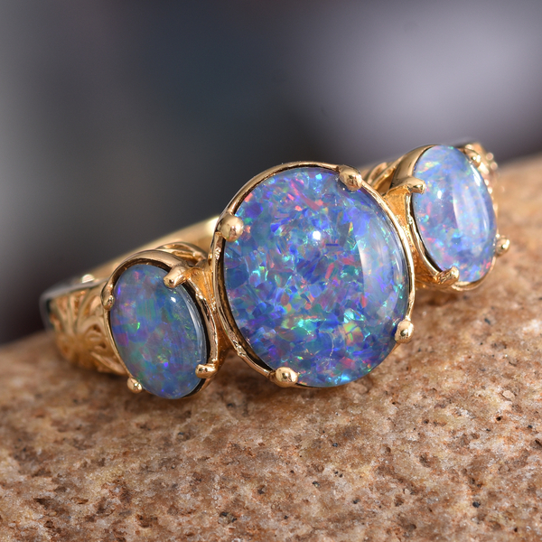 Australian Boulder Opal (Ovl 2.50 Ct) 3 Stone Ring in 14K Gold Overlay Sterling Silver 3.750 Ct.