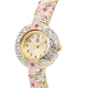 STRADA Japanese Movement Golden Sunshine Dial White and Pink Austrian Crystal Studded Water Resistant Bangle Watch in Floral Pattern Strap