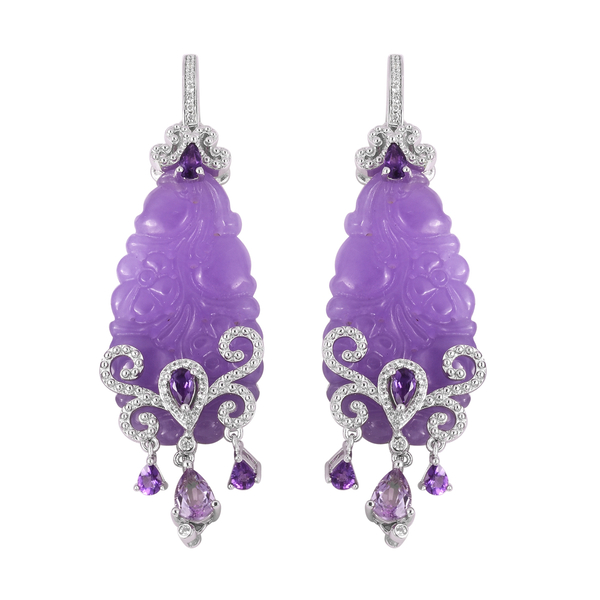 54.18 Ct Carved Purple Jade Drop Earrings in Rhodium Plated Silver 12.19 Grams