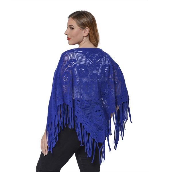 Spring Collection - Rose Pattern Hollow Out Poncho with Fringe Hem in Blue (Free Size; Length 50Cm)