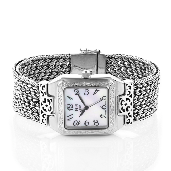 Royal Bali Collection EON 1962 Swiss Movement Sterling Silver Braided Bracelet Watch (Size 7), Silve