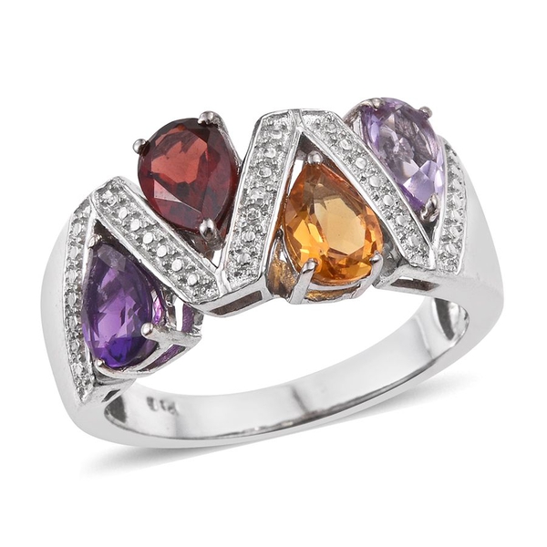 Mozambique Garnet (Pear), Amethyst, Citrine, Rose De France Amethyst and Diamond Ring in ION Plated 