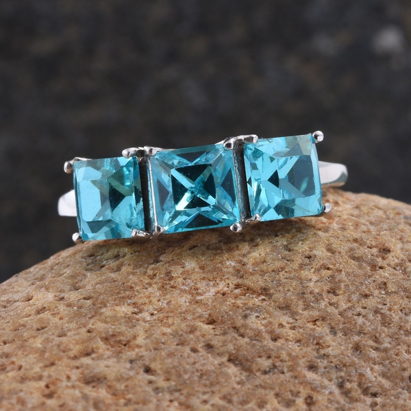 Lustro Stella  - Light Turquoise Colour Crystal (Sqr) Trilogy Ring in Platinum Overlay Sterling Silver