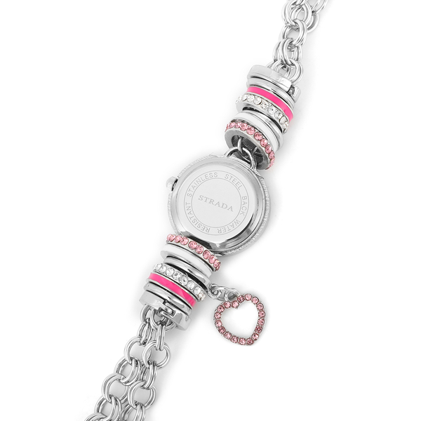 STRADA Japanese Movement White Dial White & Pink Crystal Studded Water Resistant Bracelet Watch (Size 9.75) in Silver Tone