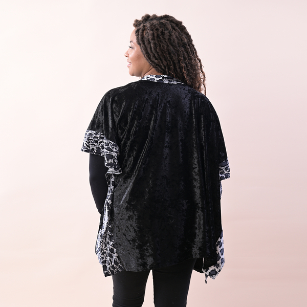 TAMSY Velvet Kimono with Leopard Print Border (Size 70x75 Cm) - Black & Grey