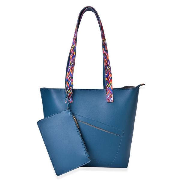 Teal Colour Handbag (Size 41X29.5X27.5X13 Cm) with Multi Colour Shoulder Strap and Pouch (Size 20X12