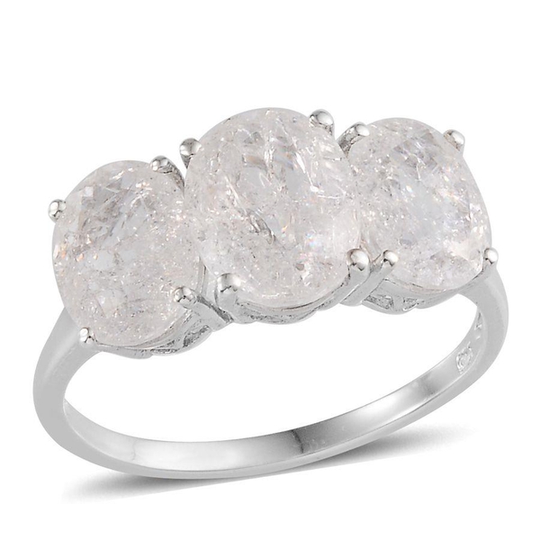 White Crackled Quartz (Ovl 2.75 Ct) 3 Stone Ring in Platinum Overlay Sterling Silver 6.500 Ct.