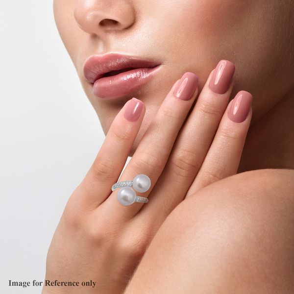White Freshwater Pearl and Simulated Diamond Bypass Ring in Rhodium Overlay Sterling Silver