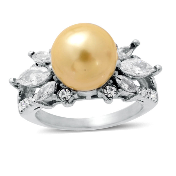 Golden Shell Pearl, White Austrian Crystal Ring and Pendant with Rope Chain in Stainless Steel
