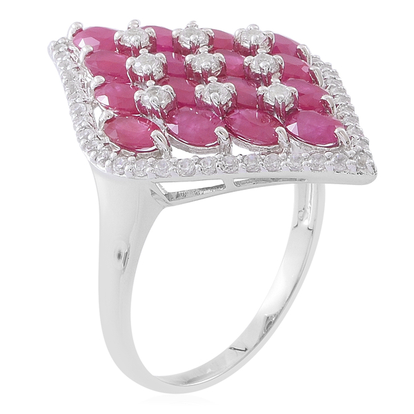 Limited Edition- Designer Inspired 9K White Gold AAA Ruby with Natural White Cambodian Zircon Ring 6.650 Ct.
