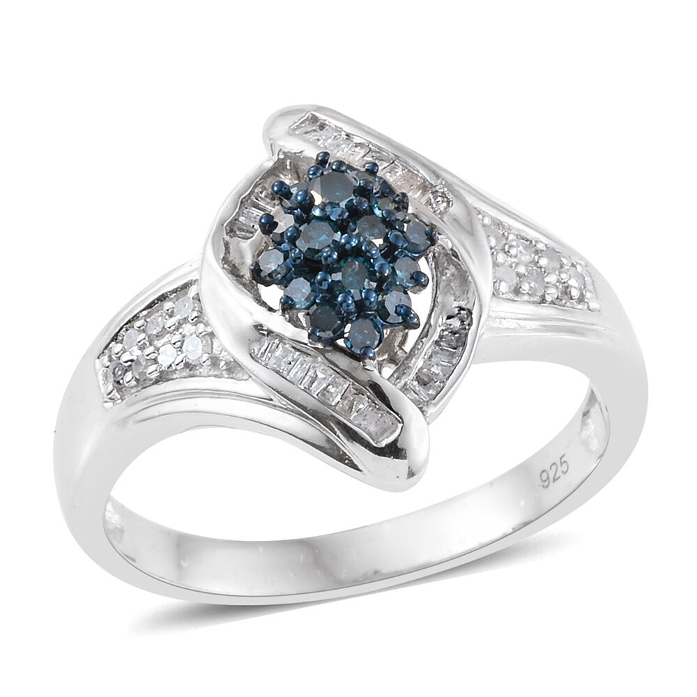 Blue Diamond (Rnd), White Diamond Ring in Platinum Overlay Sterling Silver 0.500 Ct.
