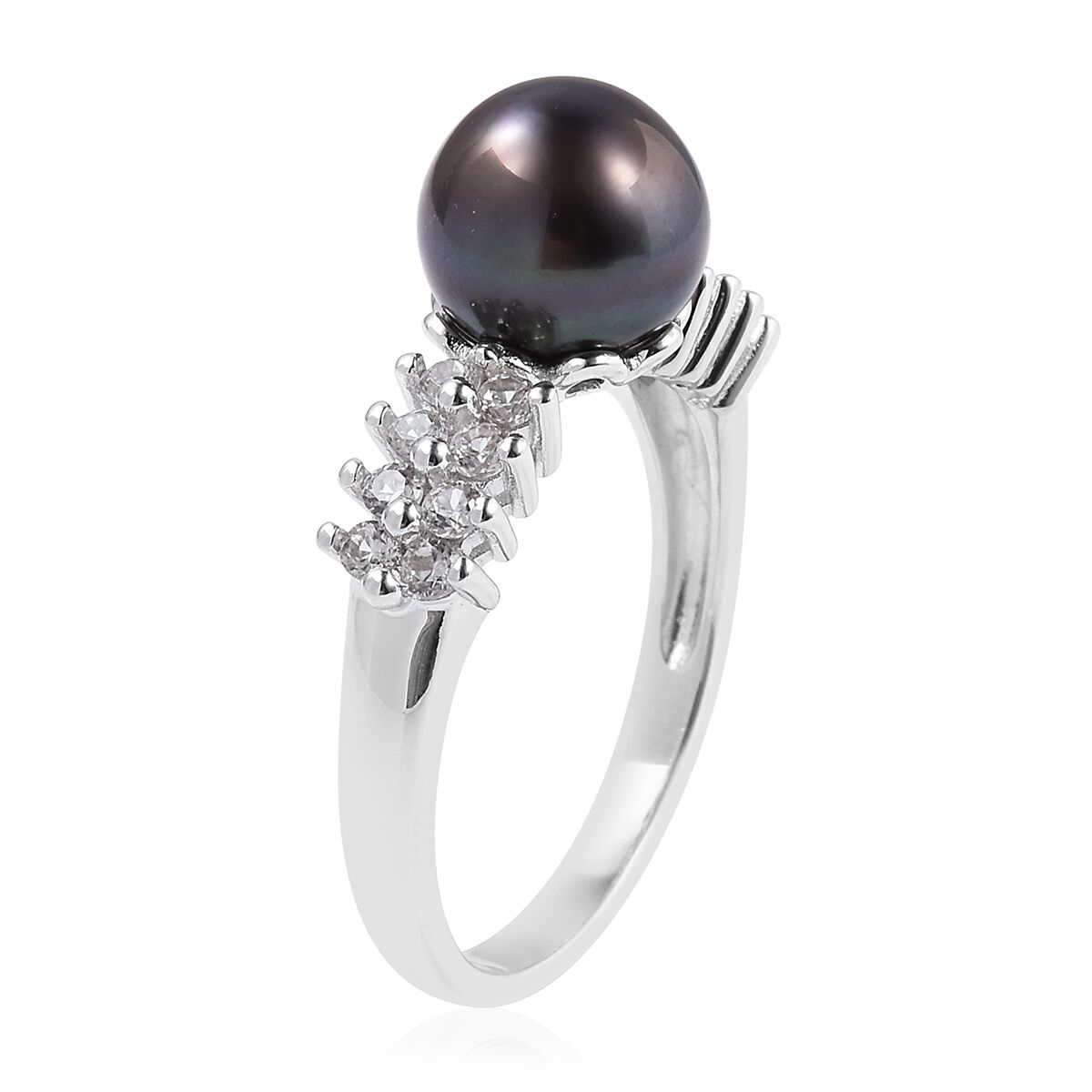 Tahitian Pearl (Rnd), White Topaz Ring in Rhodium Overlay Sterling Silver
