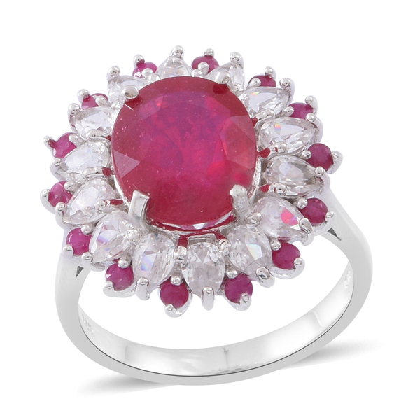 8.75 Ct African Ruby and Multi Gemastone Halo Ring in Rhodium Plated Silver