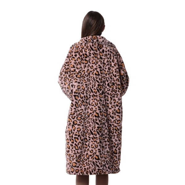 Pink and Black Colour Leopard Print Pattern Faux Fur Long Coat (Size XXL to XXXL)