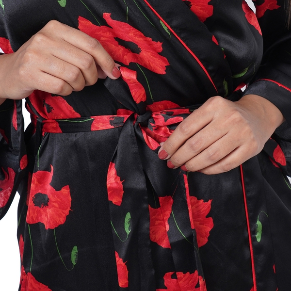Floral Printed Satin Robe with Bell Sleeve (Size L 16-18 ), Length: 110cm) - Black