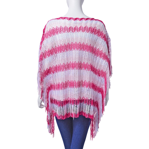 Lace Pattern Pink and White Colour Poncho with Tassels (Size 90x55 Cm)