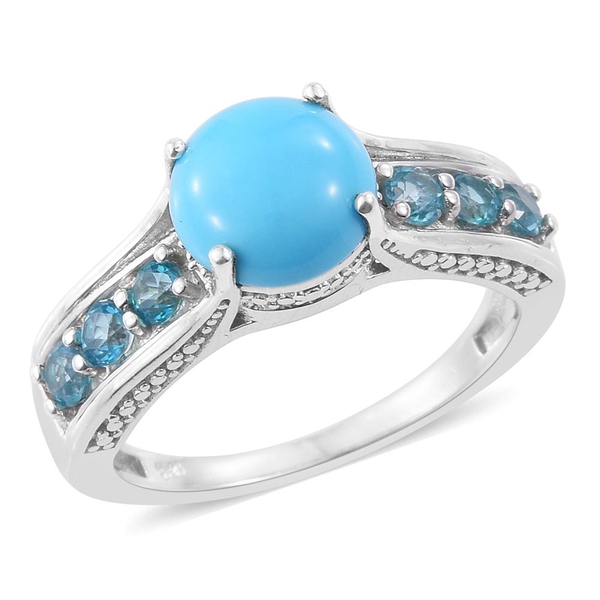 Arizona Sleeping Beauty Turquoise (Rnd 2.10 Ct), Signity Pariaba Topaz Ring in Platinum Overlay Ster