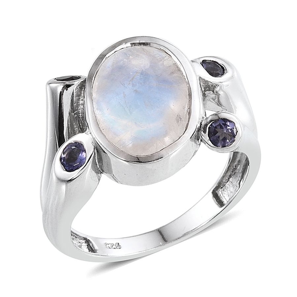 Natural Rainbow Moonstone (Ovl 5.75 Ct), Iolite Ring in Platinum Overlay Sterling Silver 6.250 Ct.