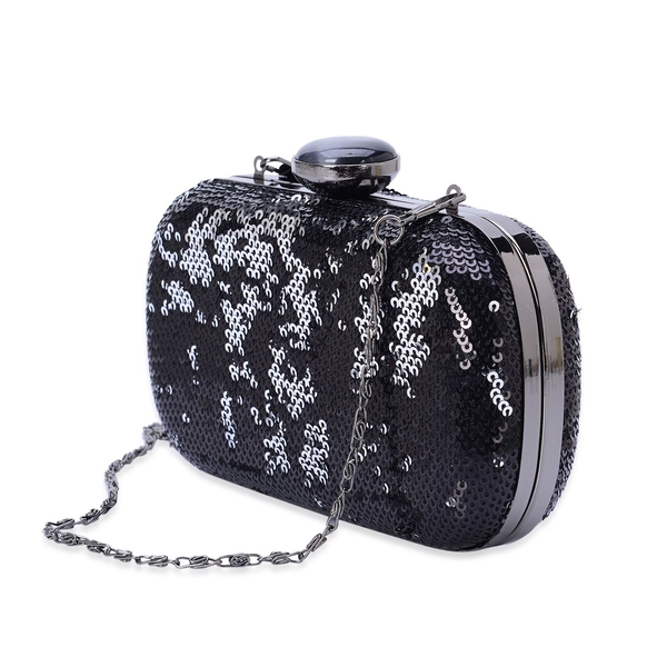 Black and Silver Colour Sequins Clutch Bag in Black Tone with Simulated Black Cats Eye (Size 16x10 Cm)