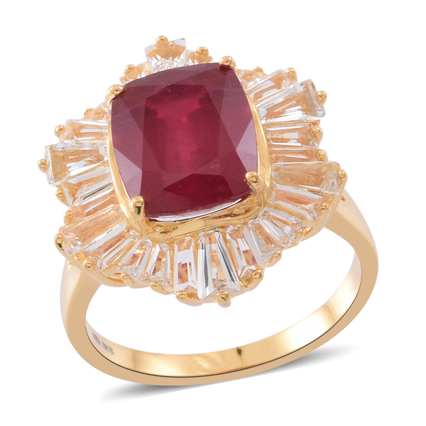 African Ruby (Cush 8.75 Ct), White Topaz Ring in 14K Gold Overlay Sterling Silver 14.500 Ct. Silver 
