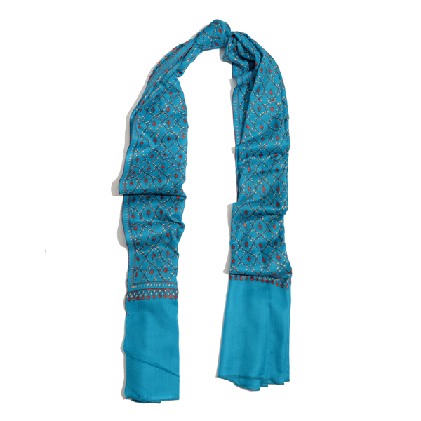 Limited Available - 100% Merino Wool Floral Hand Embroidered Turquoise Colour Shawl (Size 200x70 Cm)