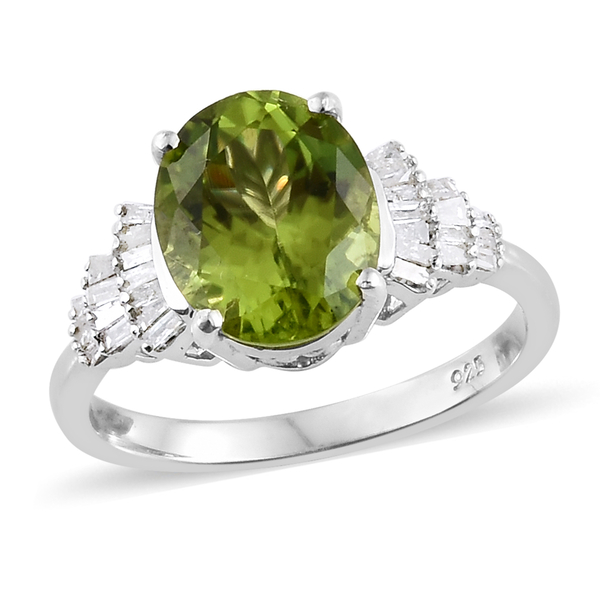 3 Carat AAA Hebei Peridot and Diamond Ring in Platinum Plated Silver