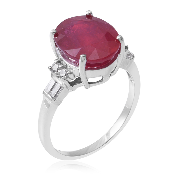 African Ruby (Ovl 12x10mm, 7.15 Ct), Natural Cambodian White Zircon Ring in Rhodium Overlay Sterling Silver 7.620 Ct.