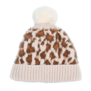 TJC Essential Leopard Pattern Jojoba Infused Bobble Hat with Lining  - Brown & Beige