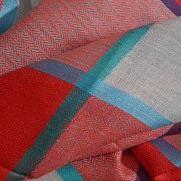 100% Cashmere Wool Red, White and Multi Colour Checks Pattern Scarf (Size 200x70 Cm)