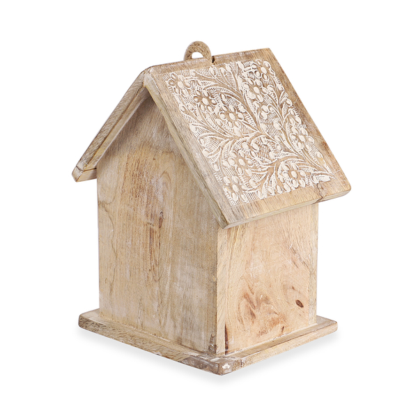 Handmade and Carved Mango Wood Hanging Outdoor Bird House