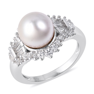 9-10mm White South Sea Pearl and Zircon Halo Ring in Rhodium Plated Sterling Silver 5.56 Grams