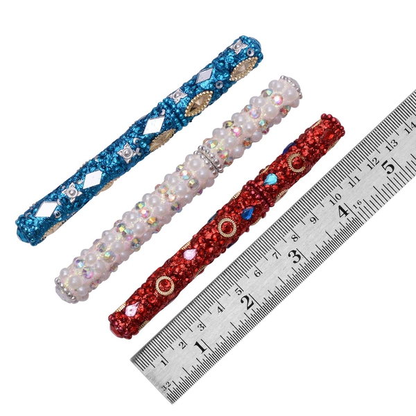 Hand Crafted Red, Blue and White Set of 3 Crystal Embellished Pens