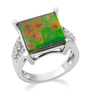 (Size L) 4.93 Ct AA Canadian Ammolite and White Zircon Ring in Sterling Silver 4 Grams
