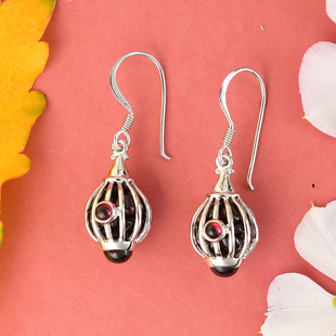 Sajen Silver GEM HEALING Collection - Mozambique Garnet Hook Earrings in Rhodium Overlay Sterling Si